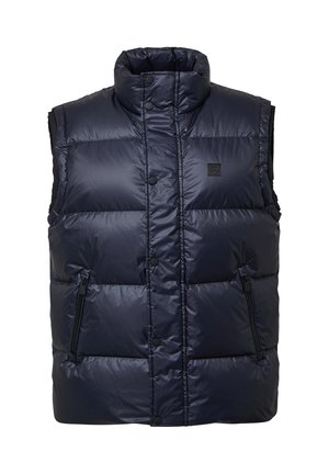 Dunkelblaues gepolstertes Westchen mit hohem Kragen, Frontknopfverschluss und zwei seitlichen Reißverschlusstaschen; verfügt über ein Logo auf der Brust.