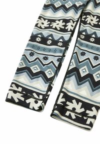 Leggings mit einem geometrischen Muster aus Zickzacklinien und Schneeflocken in Blau, Schwarz und Weiß, aus glattem Stoff mit genähten Säumen.