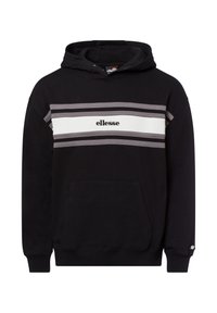 Sudadera con capucha negra de algodón, que presenta una franja horizontal blanca con acentos grises y un bolsillo tipo canguro en la parte frontal. Logotipo visible.
