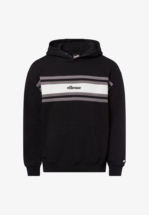 Sudadera con capucha negra de algodón, que presenta una franja horizontal blanca con acentos grises y un bolsillo tipo canguro en la parte frontal. Logotipo visible.