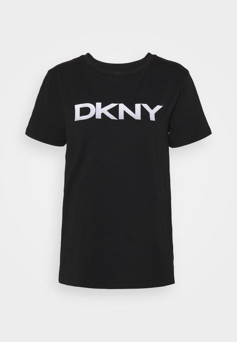 Black cotton t-shirt with short sleeves, featuring a prominent white embroidered "DKNY" logo across the front. Simple crew neck design.