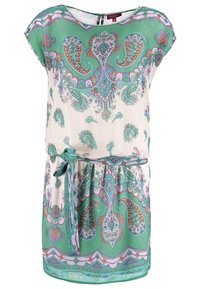 Lyhythihainen mekko kevyestä kankaasta, jossa on vihreä ja kerma paisley-kuvio, vyötäröltä muotoiltu ja samaa materiaalia oleva vyö. Silkkisen sileä pinta ja rento istuvuus.