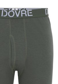 Olivgrüne Boxer-Briefs aus weichem Stoff, ausgestattet mit einem grauen elastischen Bund, auf dem "DOVRE" in fetten Buchstaben gedruckt ist.