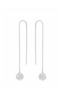 Pendientes de gota plateados con segmentos de cadena largas y extremos redondeados decorados con strass transparentes. Textura metálica suave y brillante.