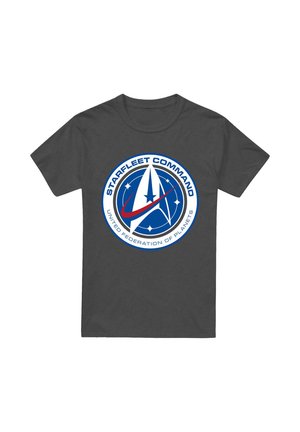 Dark gray t-shirt with a circular Starfleet Command emblem featuring a white star, blue background, and red swoosh.