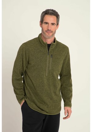Olivgrüner Fleecepullover mit Reißverschlusskragen, strukturiertem Stoff und einer Brusttasche. Verfügt über lange Ärmel und einen entspannten Schnitt.