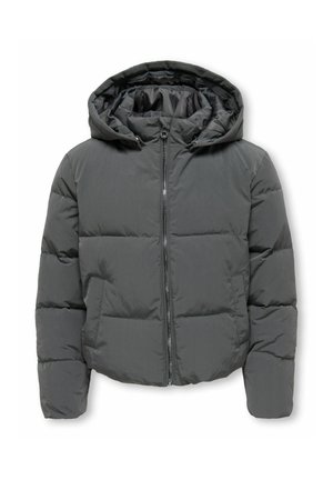 Dunkelgraue wattierte Winterjacke mit Kapuze, Frontreißverschluss und zwei Seitentaschen, auf weißem Hintergrund gezeigt.
