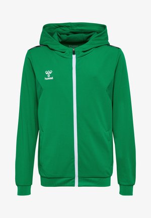 Giacca verde con cappuccio realizzata in tessuto testurizzato, dotata di una cerniera bianca, tasche laterali e un logo sul petto. Design slim fit.