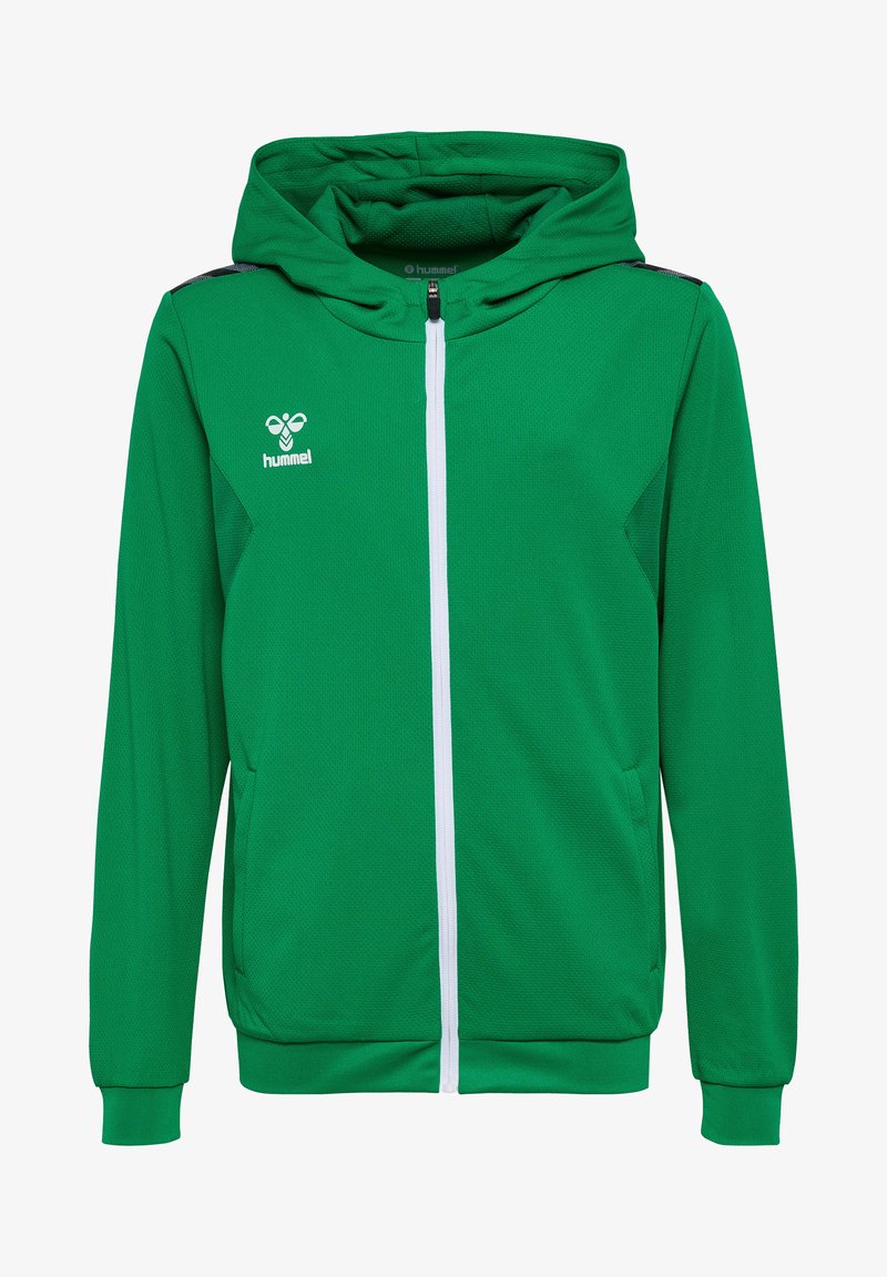 Grøn hættejakke lavet af tekstureret stof, med en hvid lynlås, sidelommer og et logo på brystet. Slank pasform.