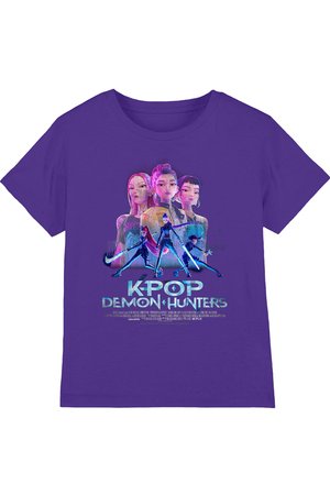 Purple T-shirt with "K-Pop Demon Hunters" graphic showing three animated female characters in dynamic poses wielding glowing weapons.