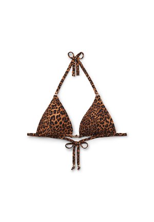 Trekanter bikini top med leopardprint, med halterneck og bindebånd bagpå på hvid baggrund.