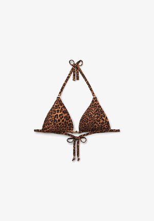 Trekanter bikini top med leopardprint, med halterneck og bindebånd bagpå på hvid baggrund.