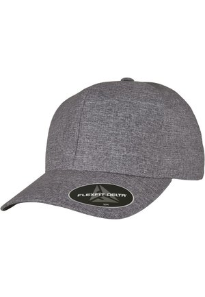 Grijze pet van textielstof met een gebogen klep. Heeft een zwart Flexfit Delta-logo op een ovale sticker op de rand.