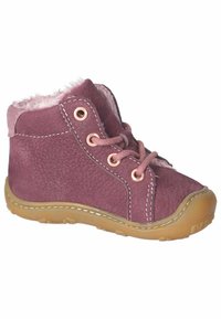 Stivale alla caviglia in pelle viola con fodera in pelliccia sintetica, punta rotonda, dettagli rosa e suola in gomma beige. Presenta cinque fori per i lacci e dettagli cuciti.