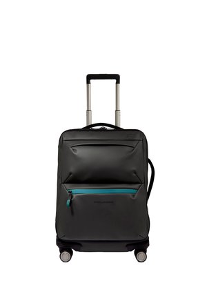 Zwarte softshellkoffer met uitschuifbare telescoopgreep, voorvak met turquoise rits en vier zwenkwielen.