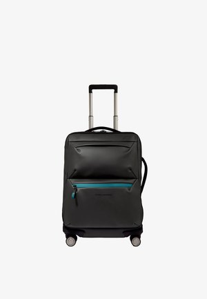 Zwarte softshellkoffer met uitschuifbare telescoopgreep, voorvak met turquoise rits en vier zwenkwielen.