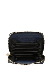 Navy leather wallet with gold zipper, featuring multiple black card slots and a textured interior. Compact and functional design.