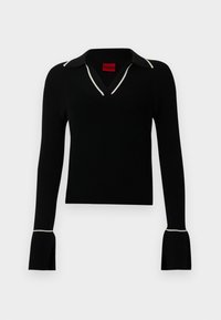 Top preto de malha canelada com mangas compridas, decote em V e acabamento branco na gola. Apresenta punhos flare e corte ajustado. Etiqueta de marca vermelha no interior.