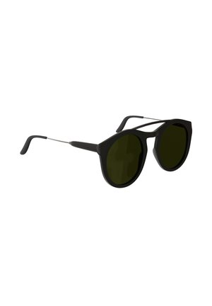 Black frame round sunglasses with dark tinted lenses and thin metal arms with black curved tips.