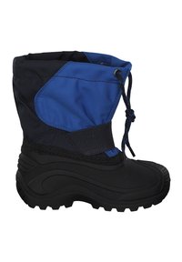 Bota de invierno impermeable en azul y negro con suela de goma texturizada, cierre de elástico con tope y cañón de tela aislante para mantener el calor.