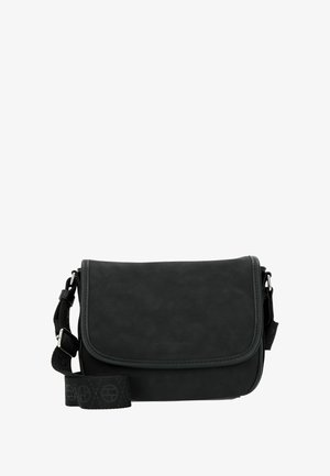 Borsa a tracolla nera in pelle con chiusura a patta, tracolla regolabile e discreti dettagli con logo. Texture liscia con forma rettangolare.
