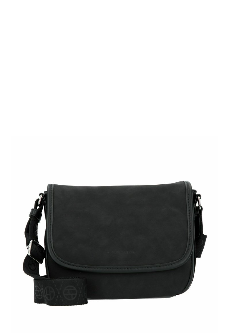 Borsa a tracolla nera in pelle con chiusura a patta, tracolla regolabile e discreti dettagli con logo. Texture liscia con forma rettangolare.