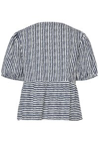 Blusa a righe blu e bianche con maniche corte a sbuffo, caratterizzata da una vita arricciata e una vestibilità rilassata. Tessuto di cotone testurizzato.