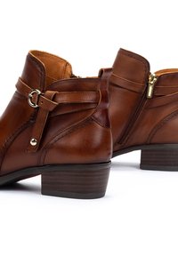 Brown leather ankle boots featuring a side zipper, a decorative buckle strap, and a stacked heel; smooth texture with stitching details.