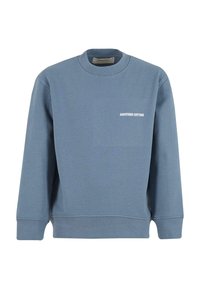Sudadera de algodón azul con un cuello redondo, mangas largas y un pequeño logo blanco "ANOTHER COTTON" en la parte delantera. Textura suave.