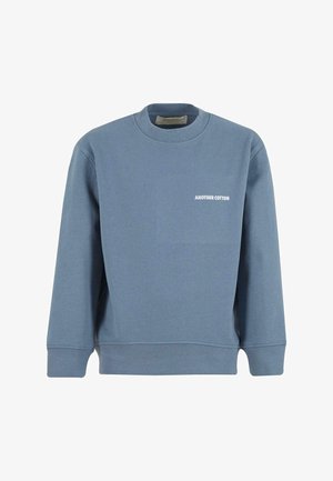 Blauer Baumwollpullover mit langen Ärmeln, Rundhalsausschnitt und weißem "ANOTHER COTTON"-Schriftzug auf der Vorderseite. Weiche Textur mit gerippten Bündchen.