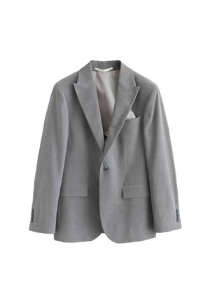 Grå blazer med en struktureret finish, to forlommer, en skræddersyet pasform og en enkelt knaplukning. Har et satinfor og en lommevi.