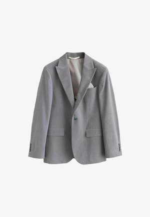 Sivi blejzer s teksturiranom površinom, dva prednja džepa, krojeni fit i zatvaranje na jedan dugme. Ima unutrašnjost obloženu satenom i maramicu za džep.