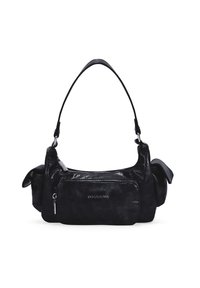 Bolso de piel sintética negra con una correa para el hombro, bolsillo frontal con cremallera, textura suave y bordes redondeados. Presenta detalles metálicos y logotipos.