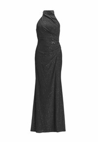 Schwarzes Abendkleid mit Neckholder, figurbetontem Oberteil, drapiertem Vorderteil und bodenlanger Rock aus einem glitzernden Stoff mit dezentem Schimmer.