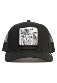 Schwarze Trucker-Cap mit Mesh-Seiten; ausgestattet mit einem quadratischen Patch, auf dem ein gestickter Tiger und das Wort "TIGER" zu sehen sind. Vorgebogener Schirm und verstellbare Passform.