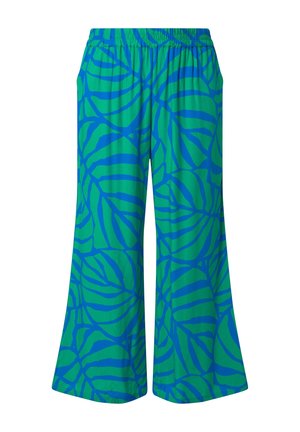 Kalhoty širokých nohavic s elastickým pasem, zeleným podkladem a výrazným modrým abstraktním listovým vzorem.