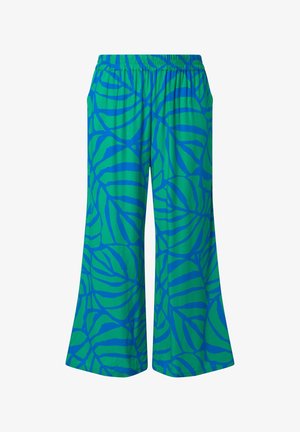 Wijde broek met elastische tailleband, met een groene basis en een gedurfd blauw abstract bladmotief.