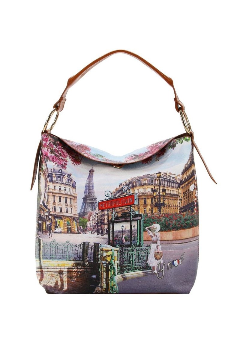 Borsa hobo con una colorata scena parigina, che presenta la Torre Eiffel e un'insegna della Métropolitain. Realizzata in tessuto con una tracolla in pelle marrone.