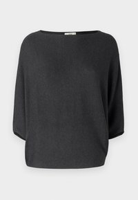 Czarny, luźny top wykonany z fakturowanej tkaniny, z szerokim dekoltem i opuszczonymi szwami na ramionach. Prosty design bez dodatkowych zdobień.