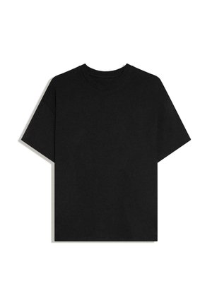 Black short-sleeve crew neck t-shirt laid flat on white background, featuring a simple, unadorned design with a relaxed fit.