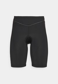Black cycling shorts made of stretchy fabric, featuring a padded insert, fitted design, and a contrasting stitch detail along the waistline.