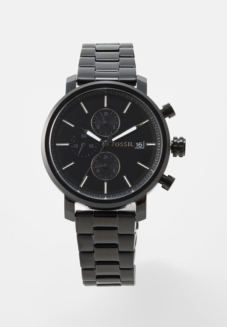 Zwarte metalen horloge met ronde wijzerplaat, zilveren uurmarkeringen, twee kleine subdials, datumaanduiding en een schakelschakelband.