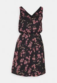 Schwarzes Kleid mit floralem Muster in verschiedenen Rosa- und Grüntönen. Es hat einen V-Ausschnitt und einen elastischen Bund und besteht aus leichtem Stoff.
