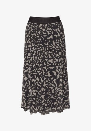 Gonna plissettata nera e beige con motivo astratto, elastico in vita con la scritta "SIMPLE", tessuto leggero per comfort e libertà di movimento.