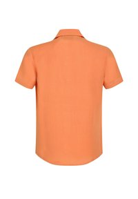 Lühikeste varrukatega oranž särk, millel on pehme, tekstureeritud kude ja klassikaline krae. Tagantvaade, kus on näha sirge hem ja lihtne disain.