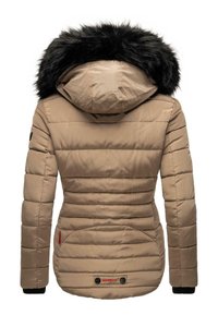 Beige puffy jacket with a detachable black faux fur hood, horizontal quilted design, and red logo detail on the back pocket.