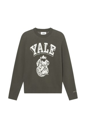 Olive green knit sweater featuring a white Yale logo and bulldog graphic. Round neckline with ribbed cuffs and hem.