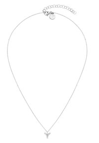 Silberne Halskette mit einer zarten Kette und einem Y-förmigen Anhänger, der mit drei kleinen, klaren Edelsteinen verziert ist. Verstellbare Länge mit Karabinerverschluss.
