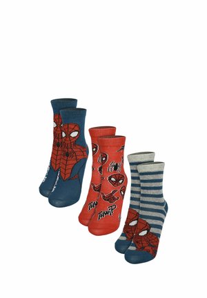 Three pairs of children's socks with Spider-Man designs: blue with large spider face, red with small icons, and blue-gray stripes with large spider face.