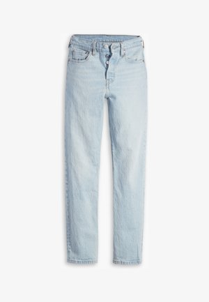 Svetlo modre jeans hlače z visokim pasom, pet-žepnim dizajnom, gumbom za zapiranje in ravnim krojem. Imajo subtilno bledenje in teksturiran zaključek.